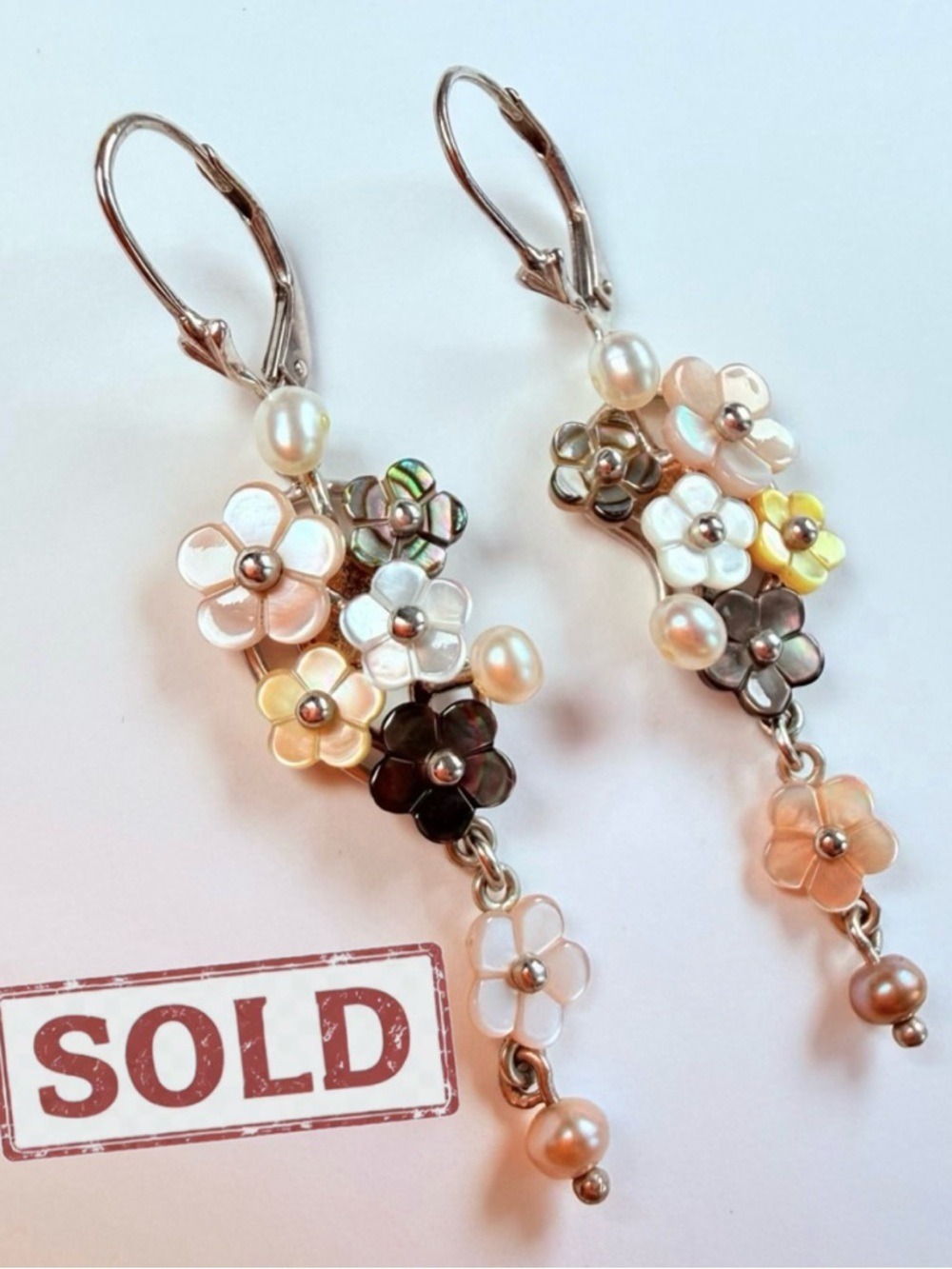 🎉Sold🎉 Whitney Kelly MOP Pearl Mosaic Flower Sterling Silv Dangle Drop Earrings